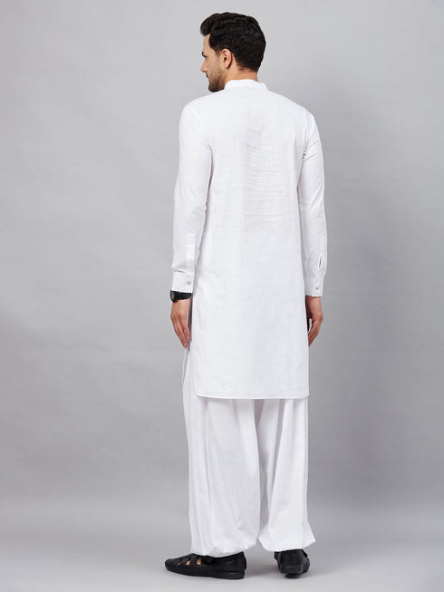 Men's White Cotton Blend Pathani Suit Set